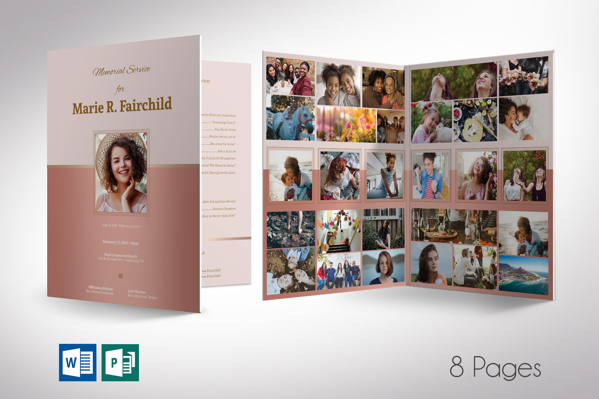 Rose Gold Funeral Program Word Publisher Large Template