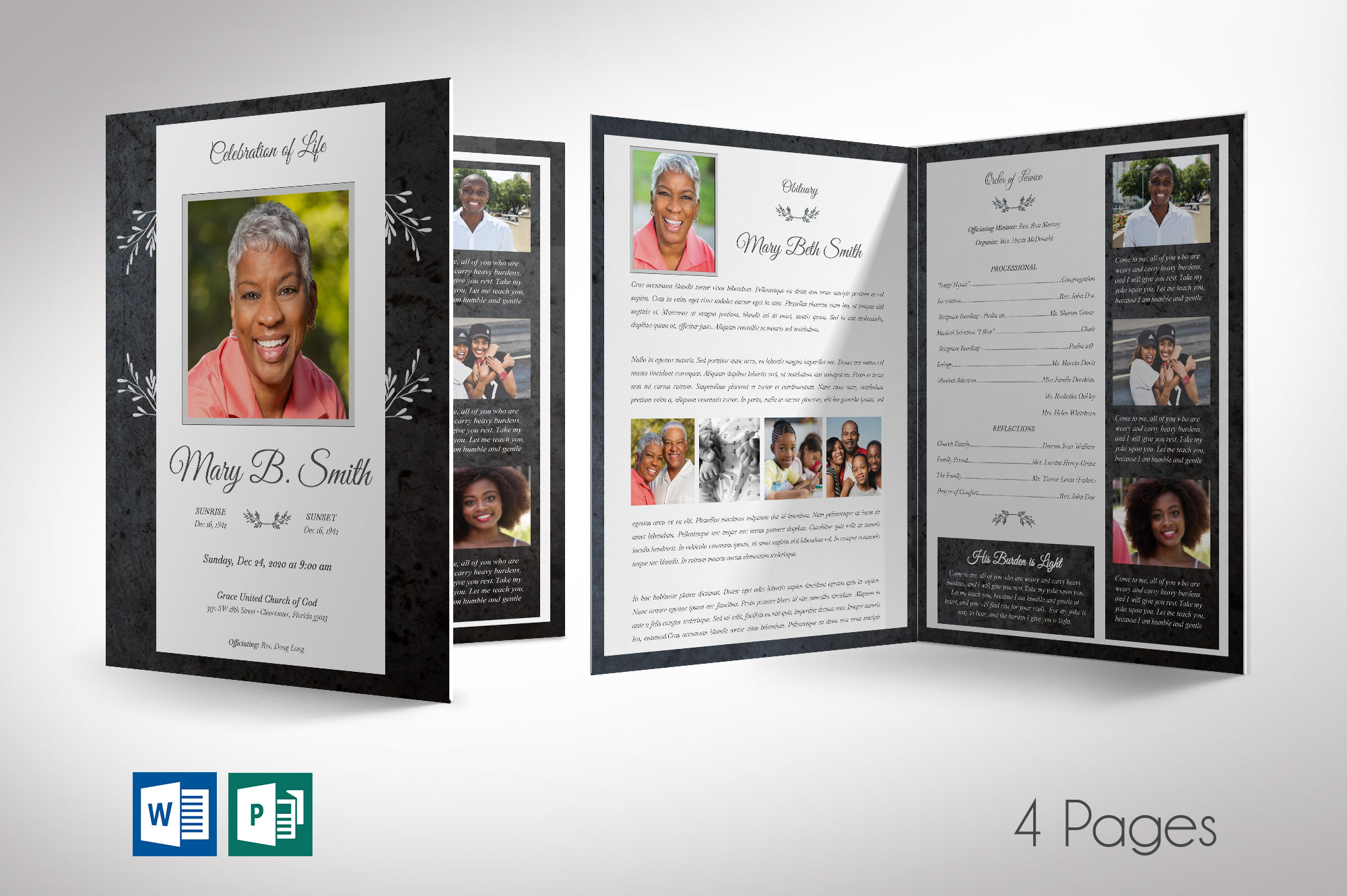 Graystone Tabloid Funeral Program Word Publisher Template