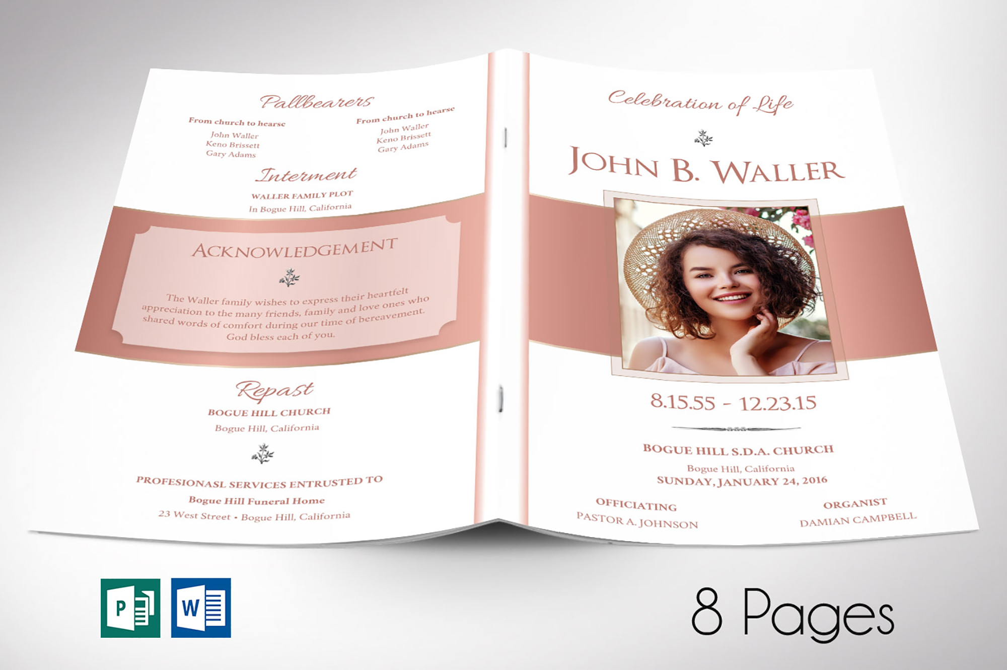 White Rose Gold Funeral Program Word Publisher Template