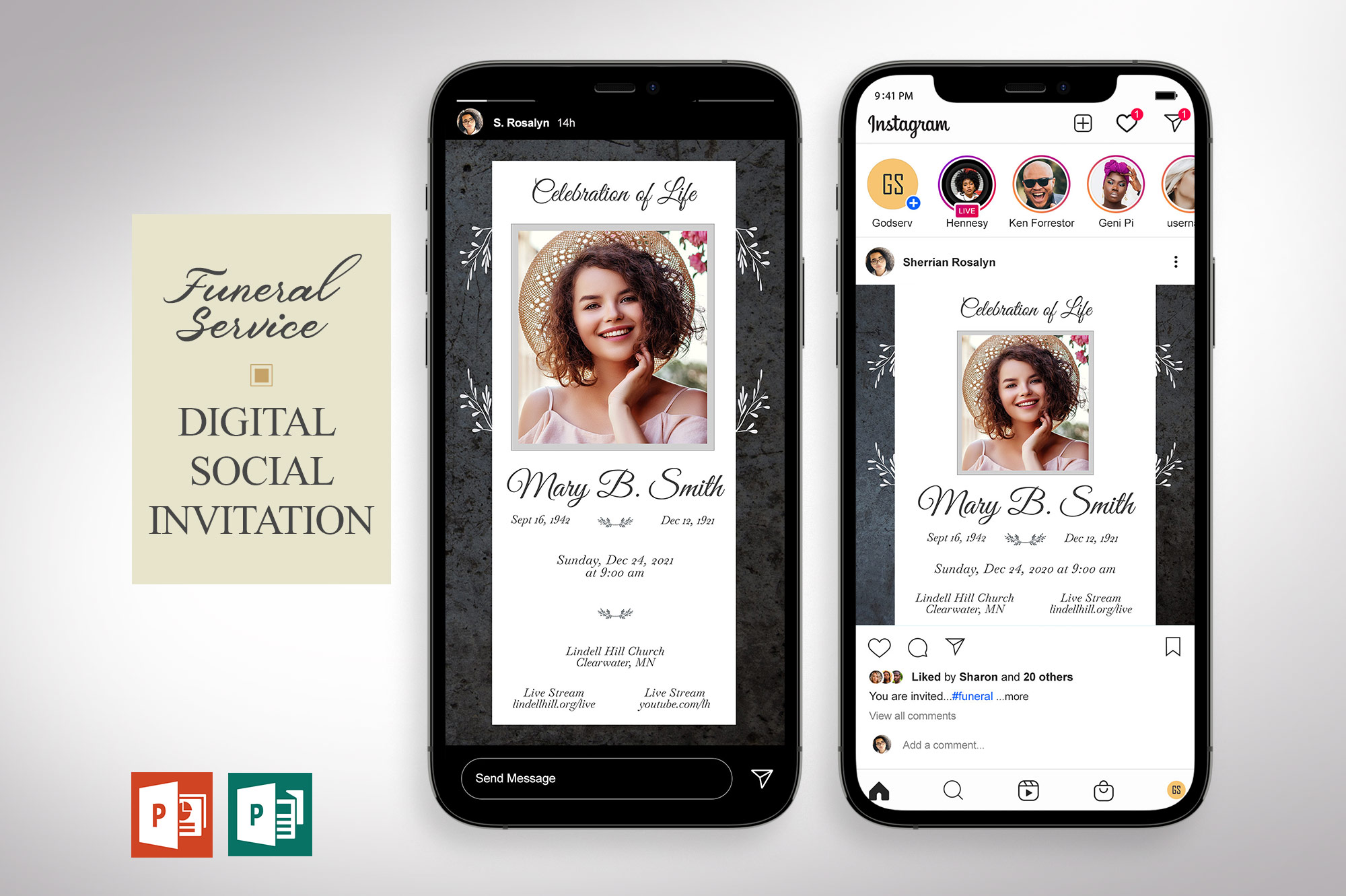 Graystone Funeral Digital Invitation PowerPoint Publisher Template | 2 Sizes | 1080x1080 Pixels (square) and 1080x1920 Pixels (rectangle)