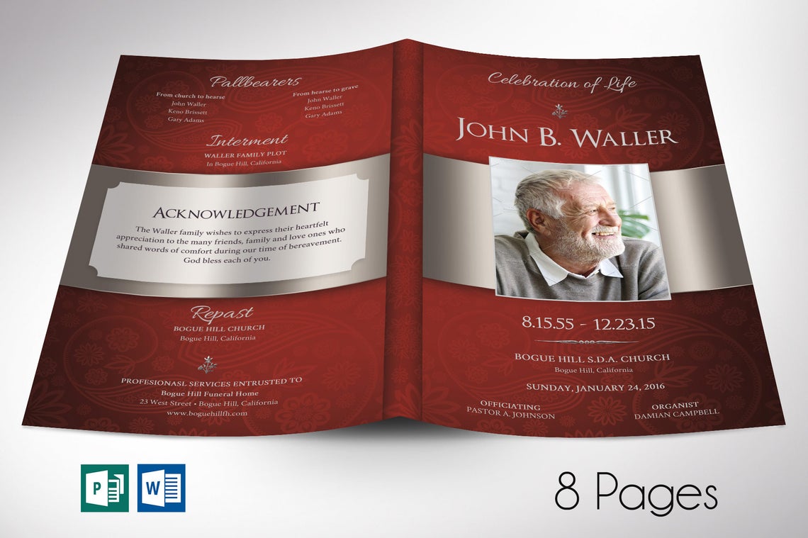 Burgundy Silver Funeral Program Word Publisher Template