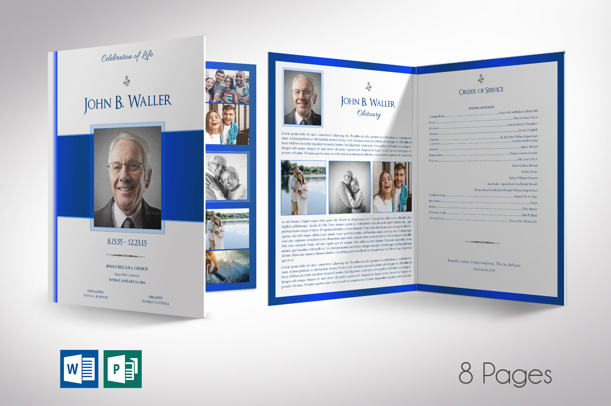 White Blue Funeral Program Tabloid Word Publisher Template