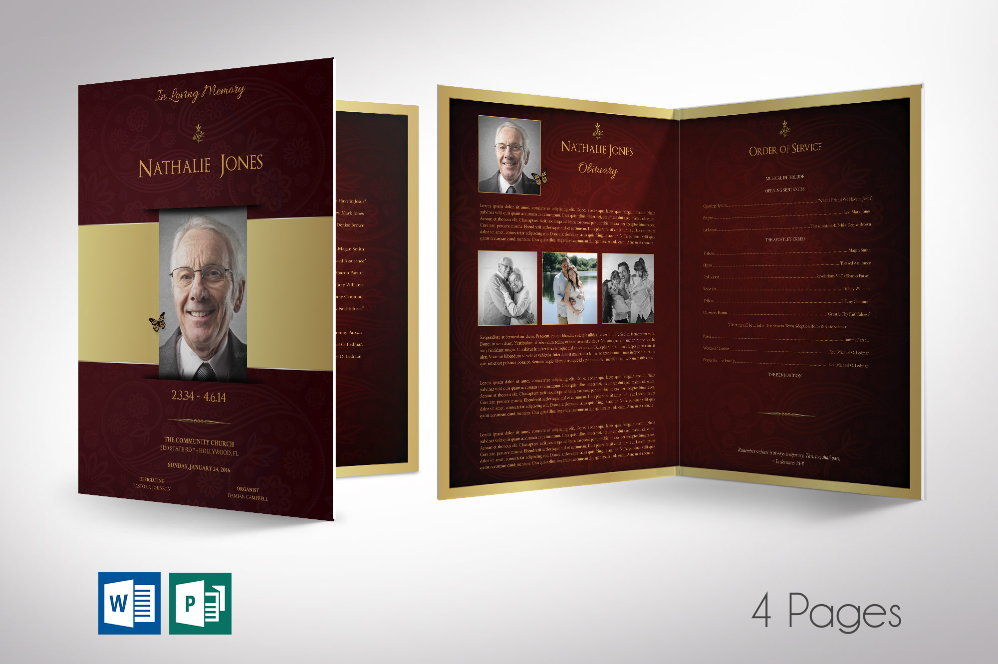 Gold Maroon Tabloid Funeral Program Word Publisher Template