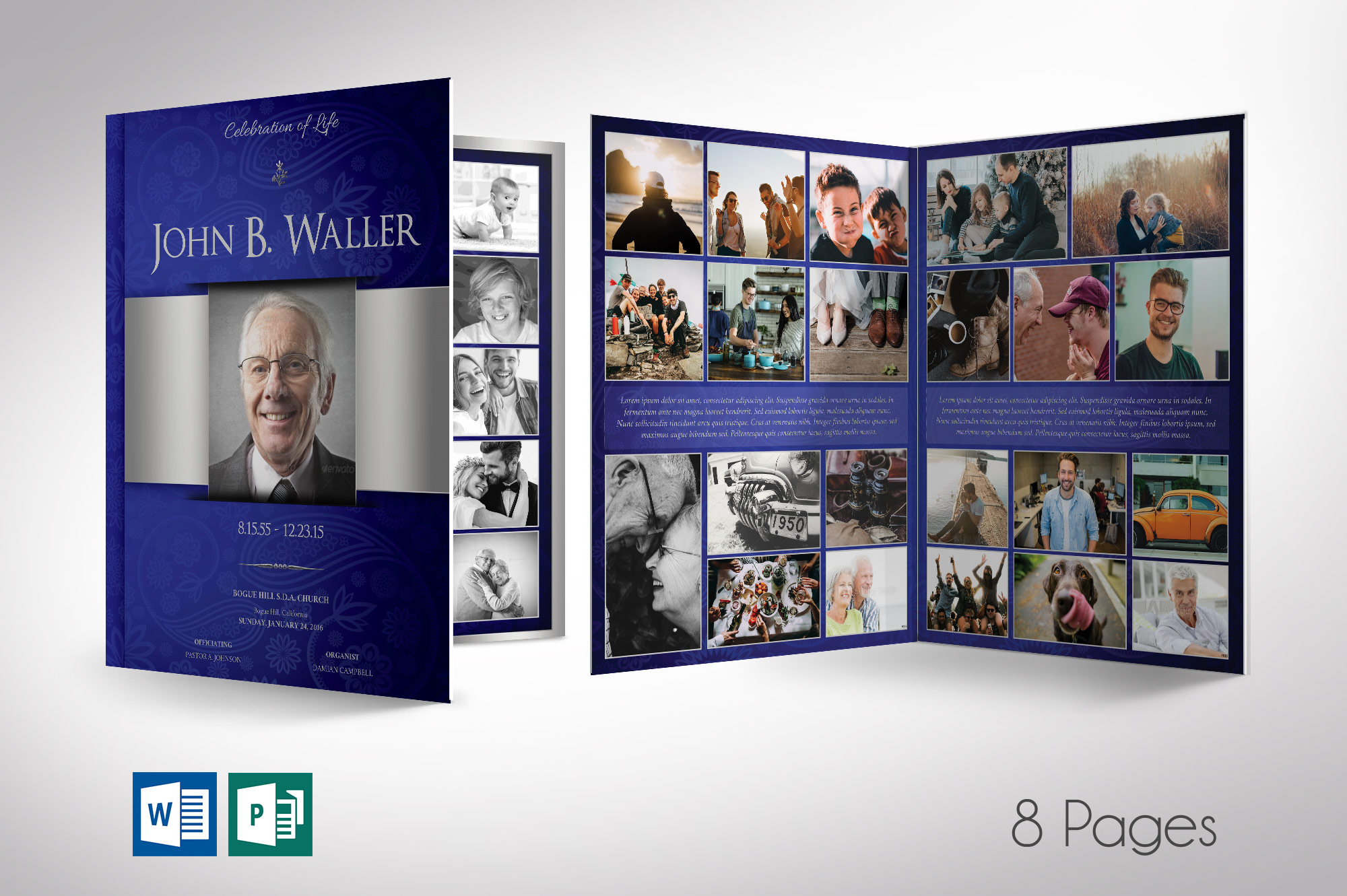 Blue Silver Tabloid Funeral Program Word Publisher Template