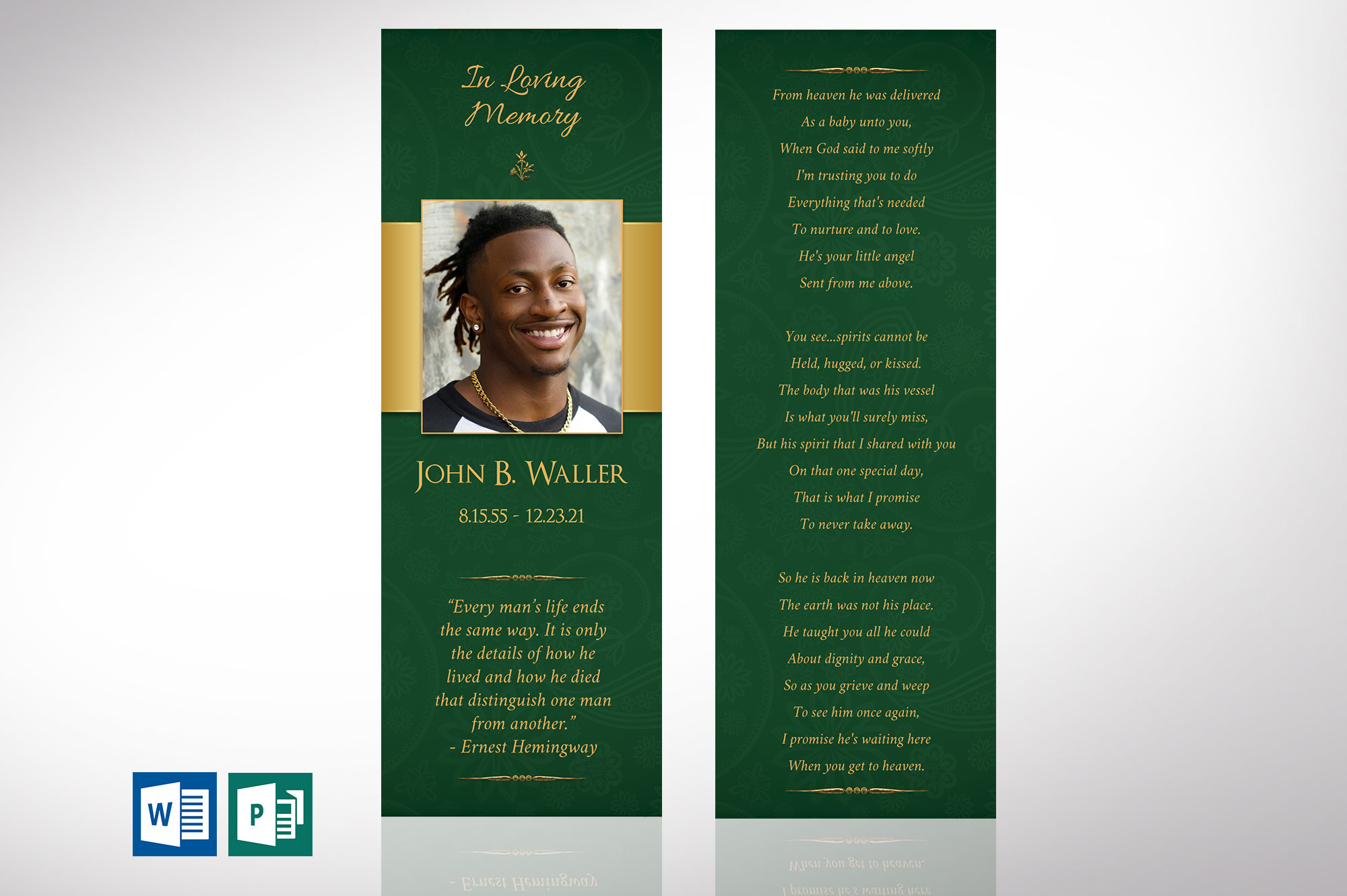 Green Gold Regal Funeral Bookmark Word Publisher Template