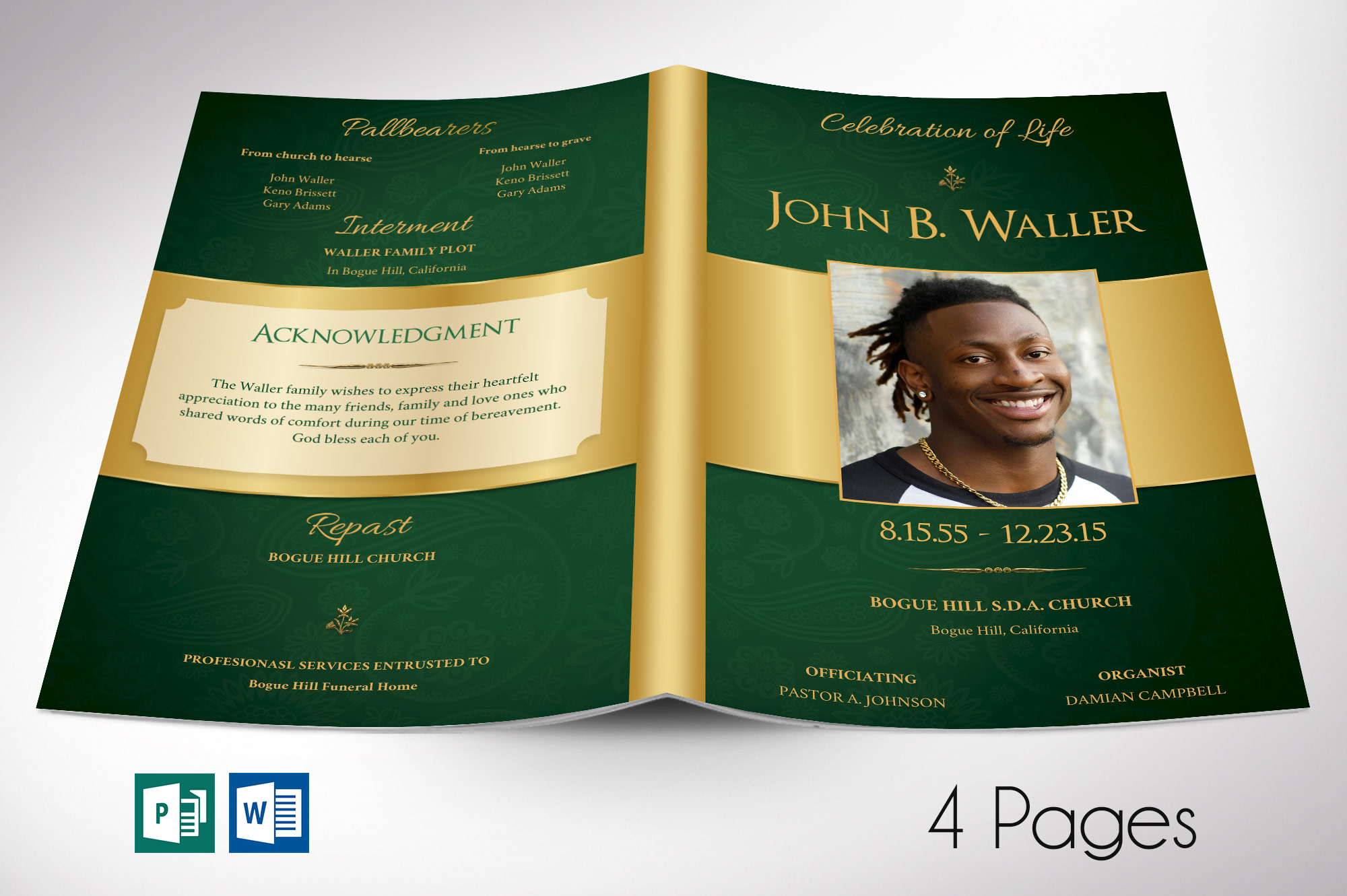 Green Gold Regal Funeral Program Word Publisher Template