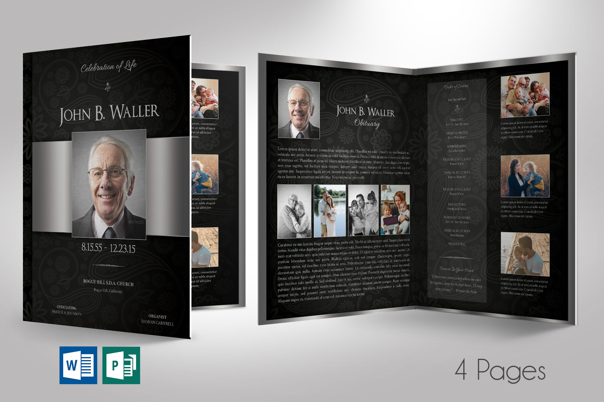 Black Silver Tabloid Funeral Program Word Publisher Template
