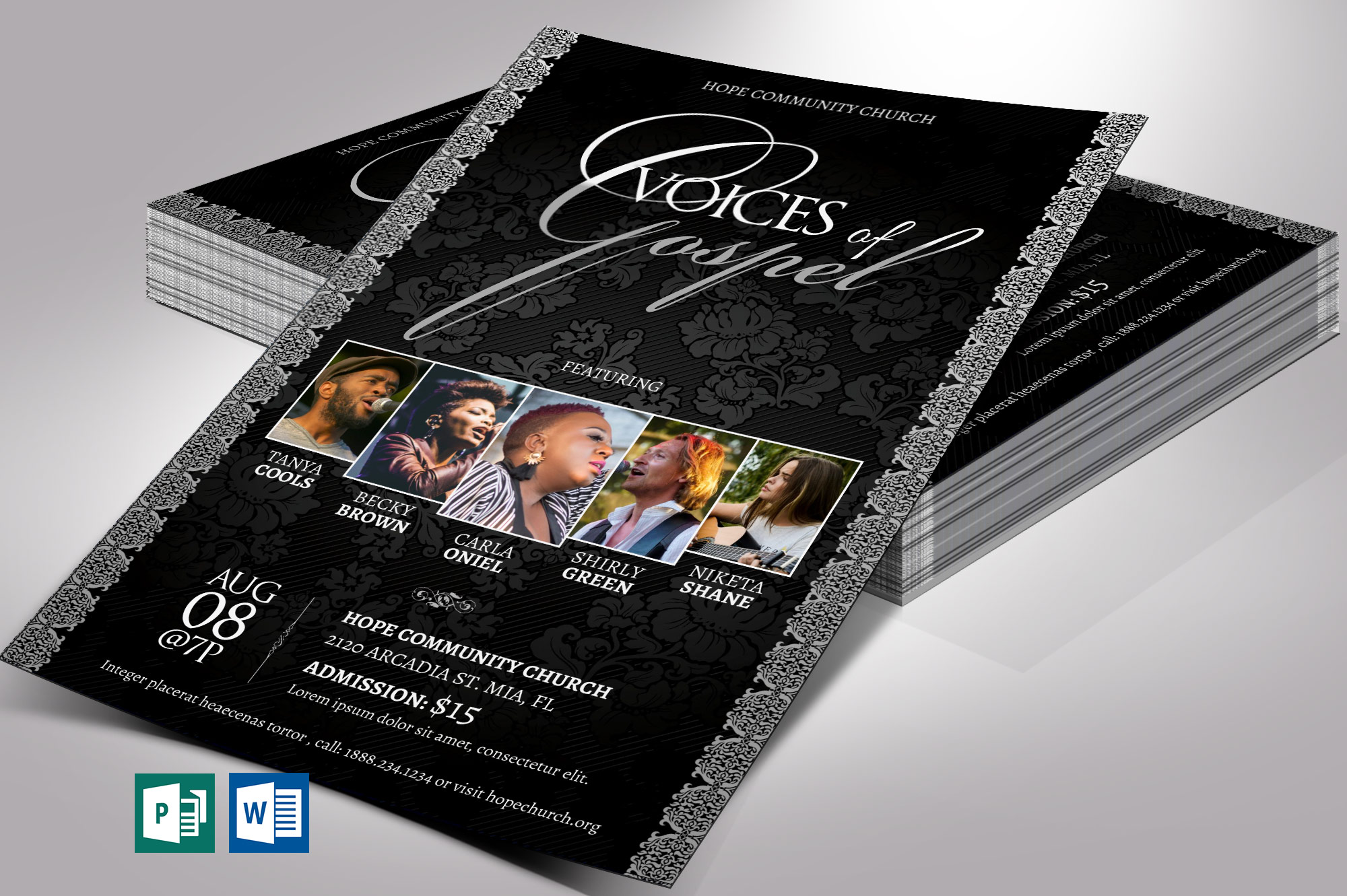 Silver Black Gospel Concert Flyer Word Publisher Template