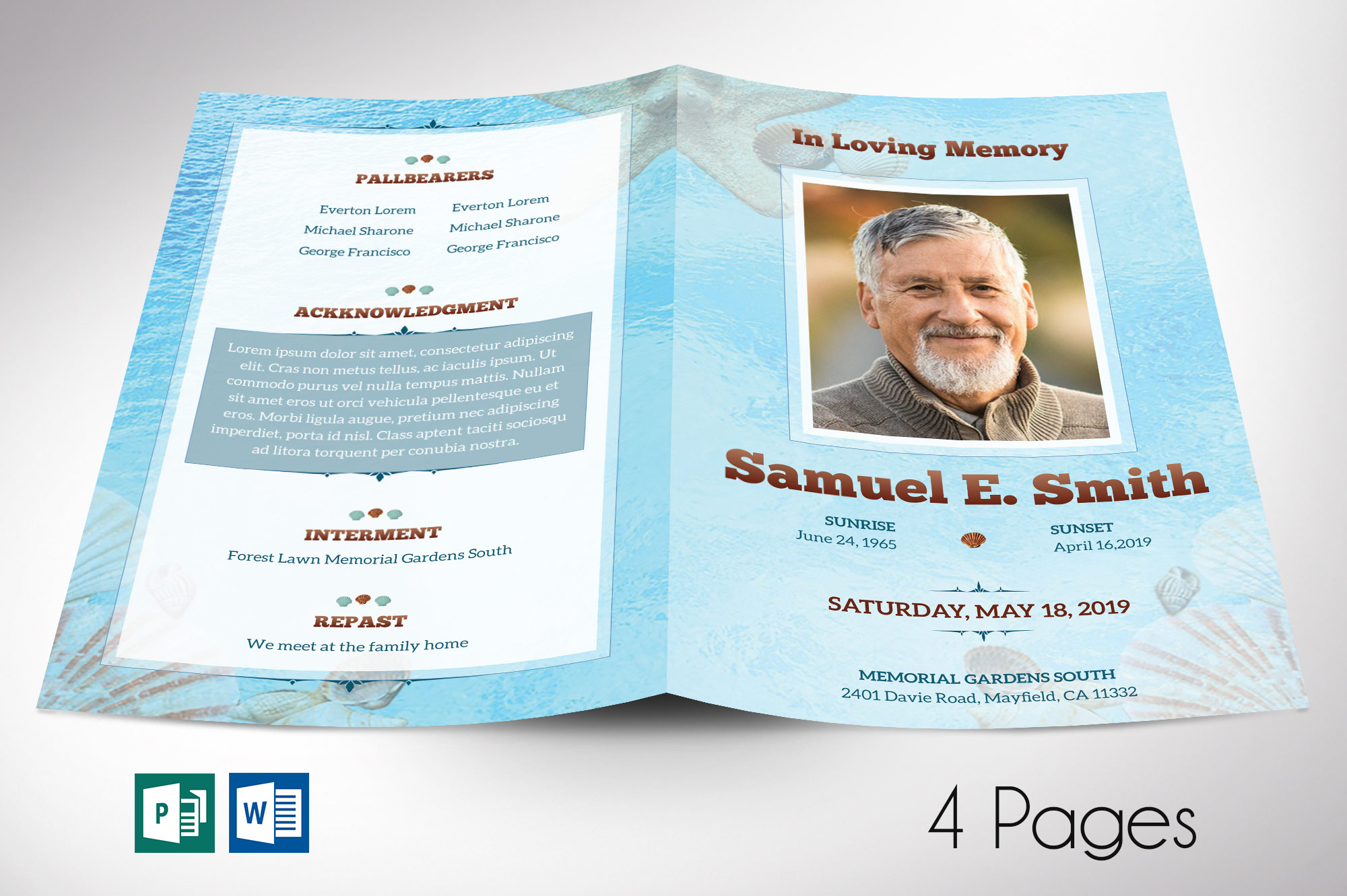 Seashell Funeral Program Word Publisher Template