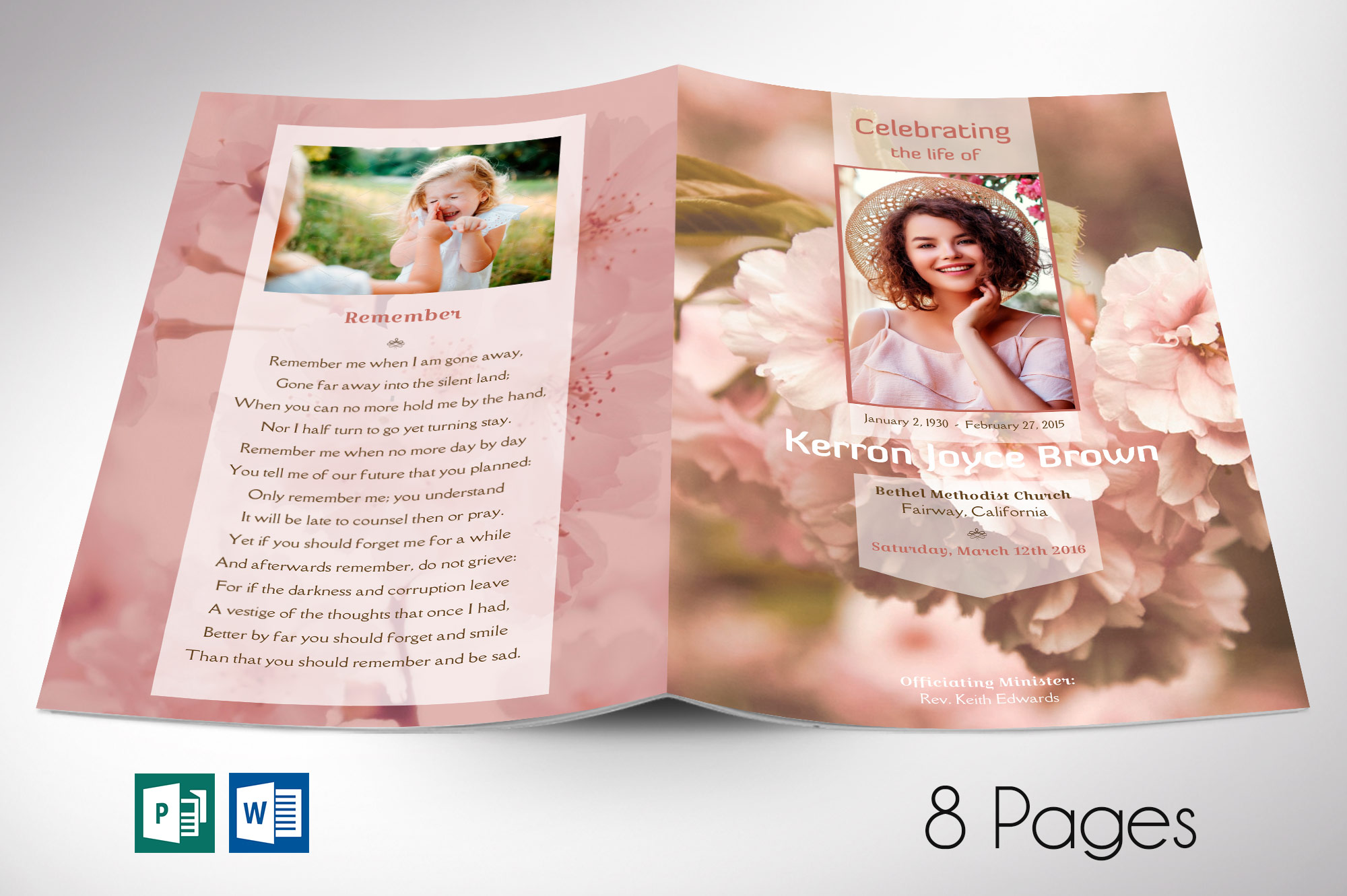 Cherry Bloom Funeral Program Word Publisher Template, 8 Pages