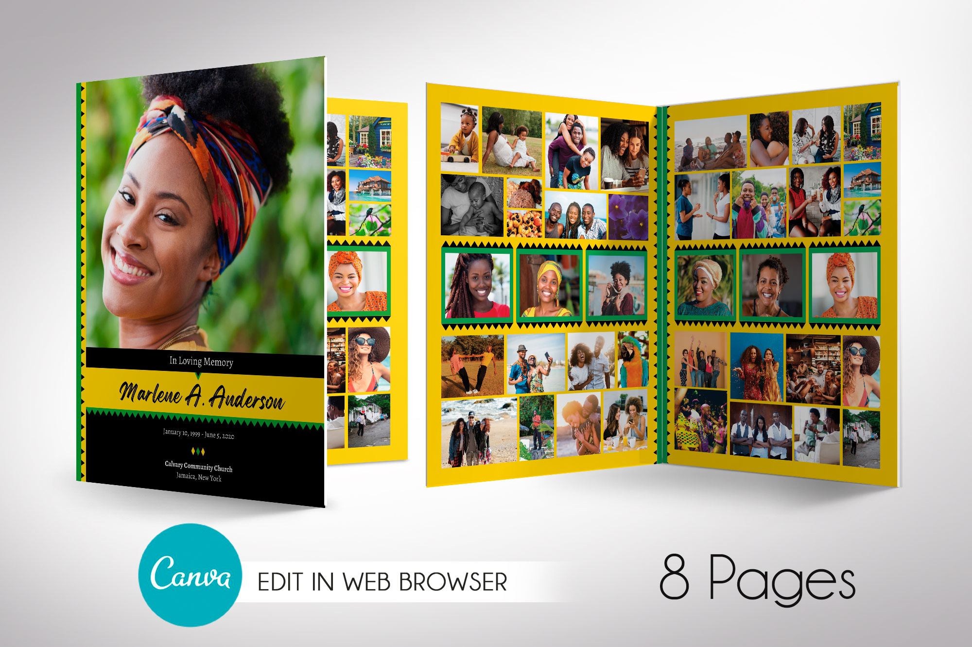 Jamaican Tabloid Funeral Program Canva Template, 8 Pages,