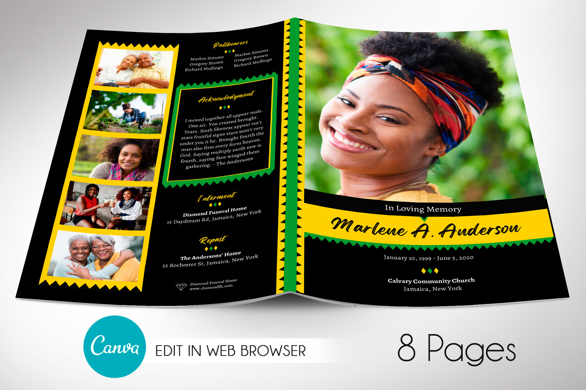 Jamaican Funeral Program Canva Template, 8 Pages,