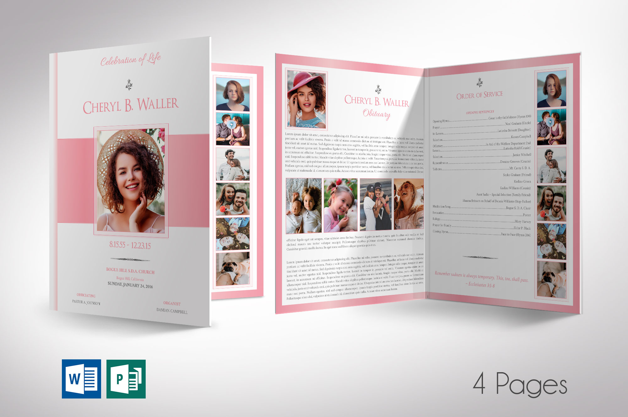 White Pink Tabloid Funeral Program Word Publisher Template |
