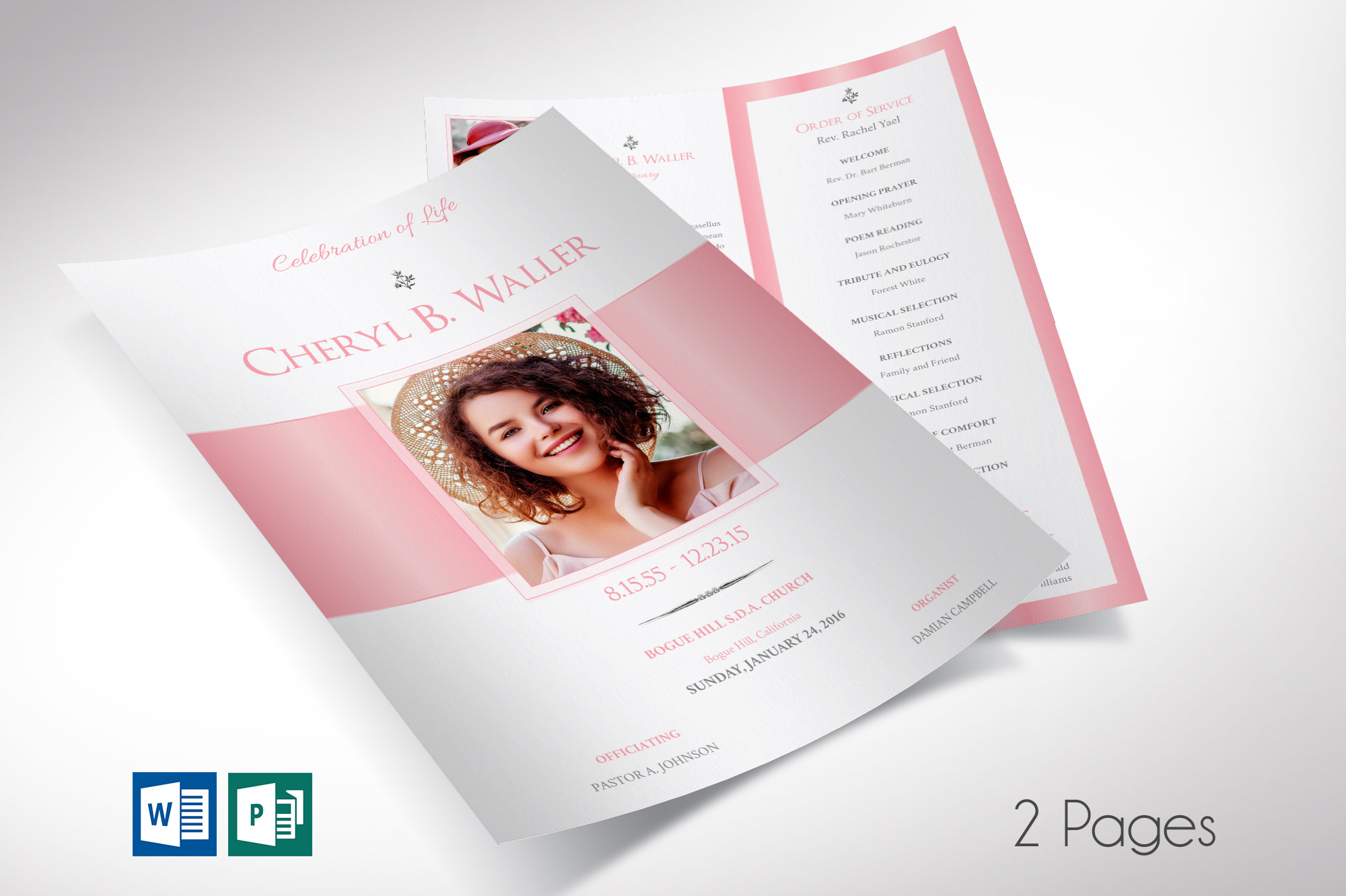 White Pink Single Sheet Funeral Program Word Publisher Template V1