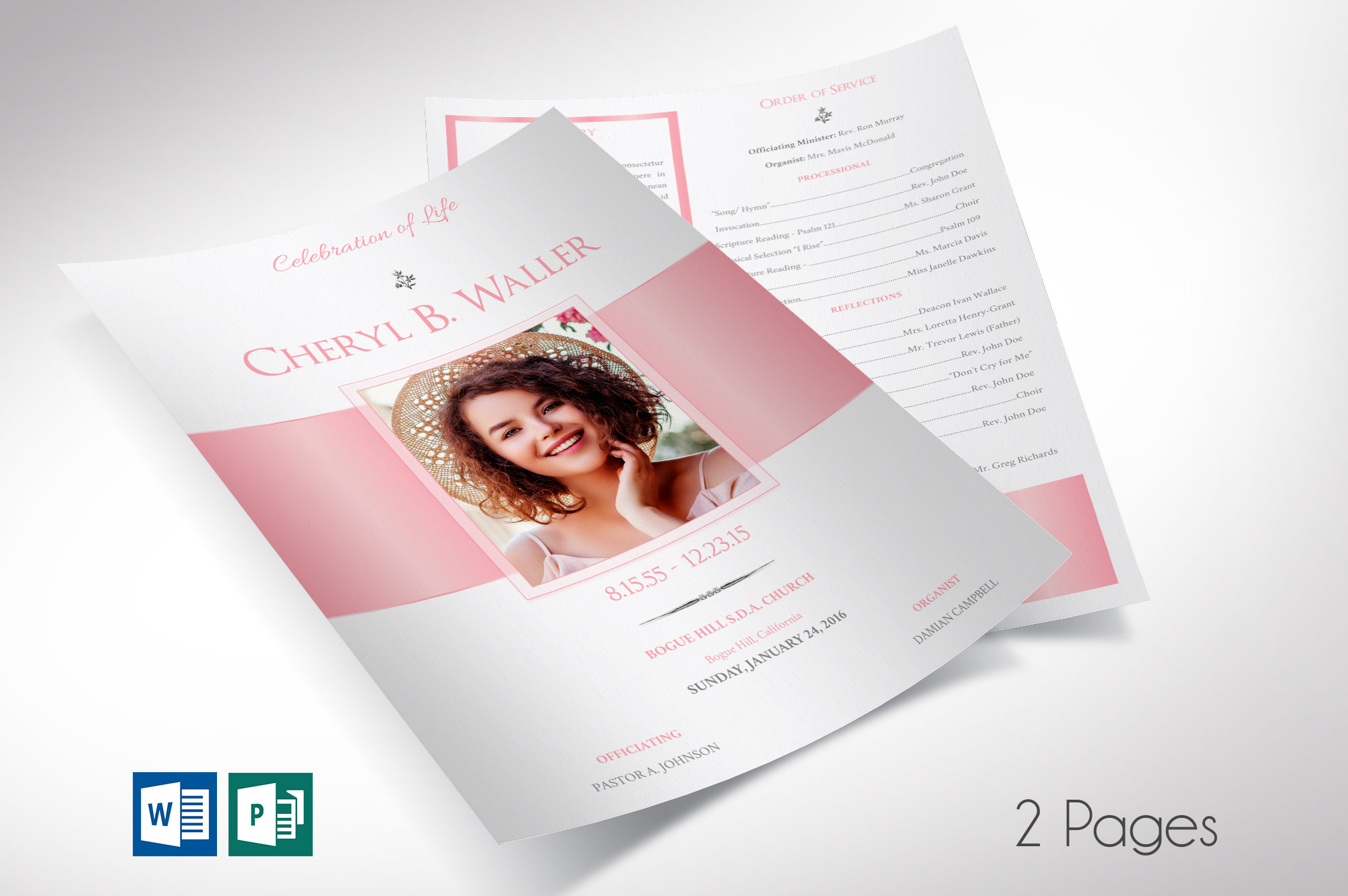 White Pink Single Sheet Funeral Program Word Publisher Template V2