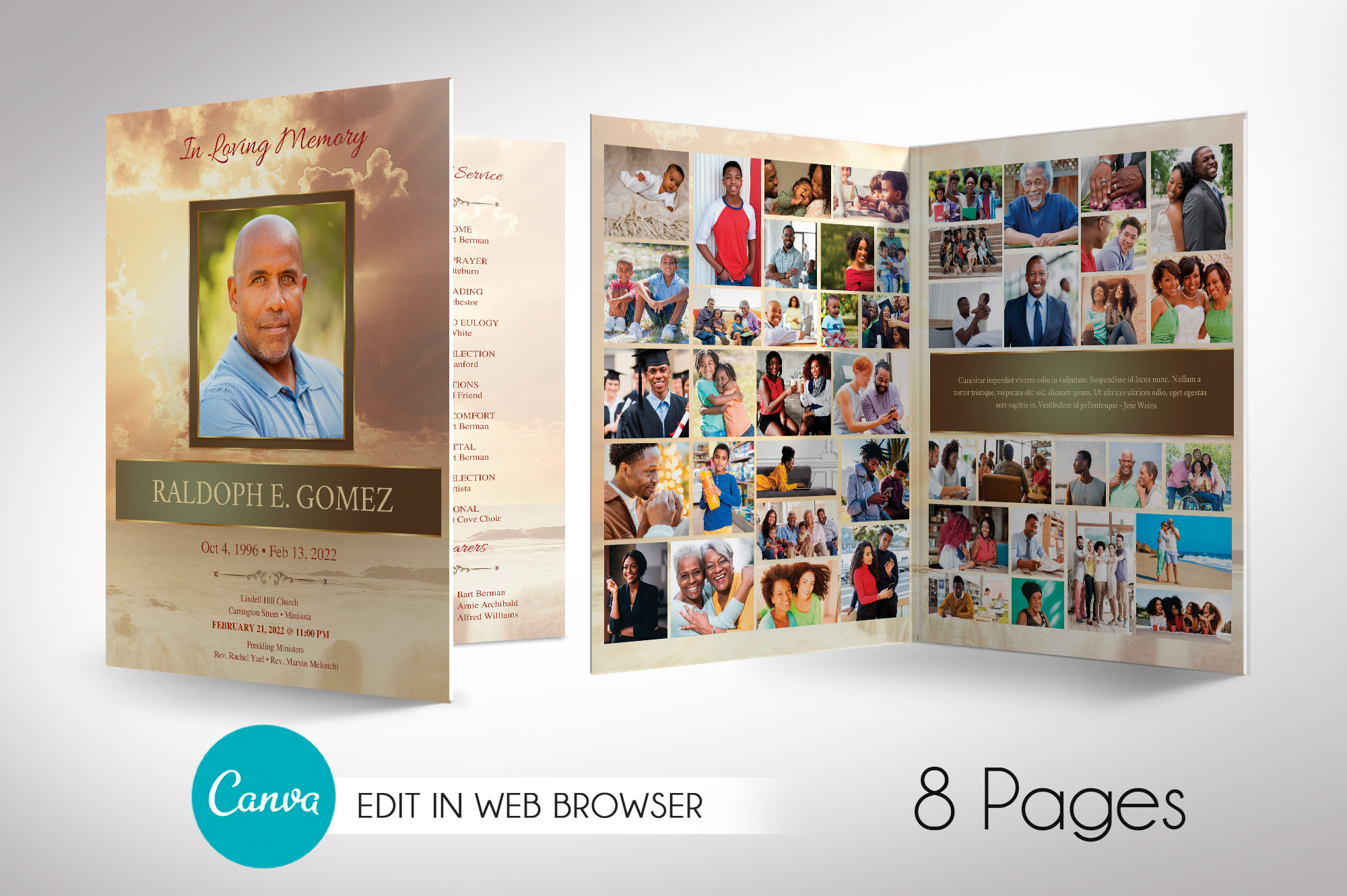 Gold Forever Tabloid Funeral Program Canva Template
