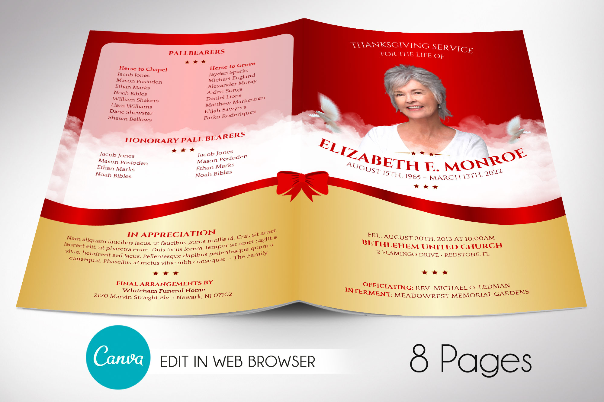 Red Ribbon Funeral Program Canva Template