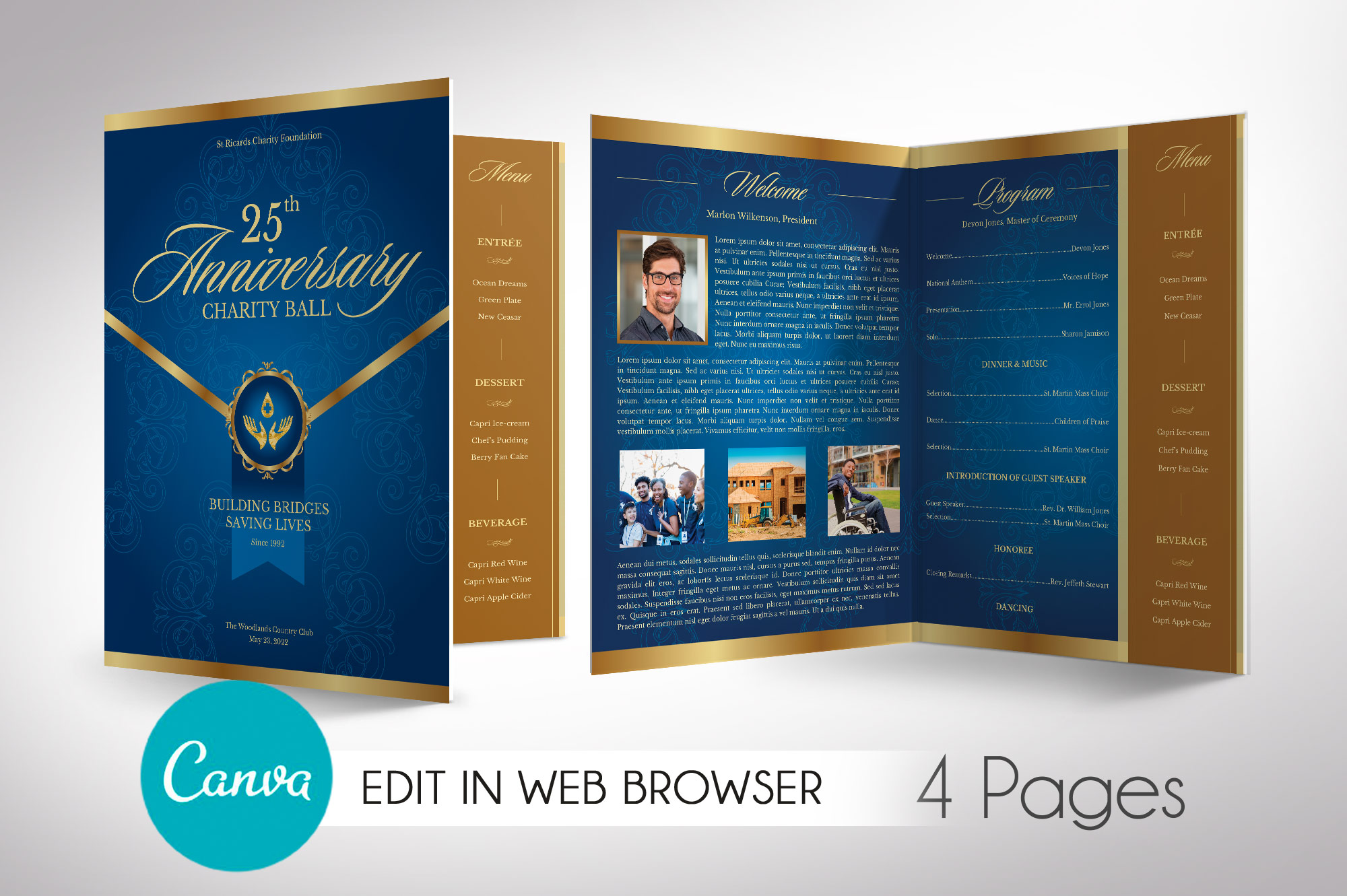 Blue Gold Anniversary Gala Program Canva Large Template