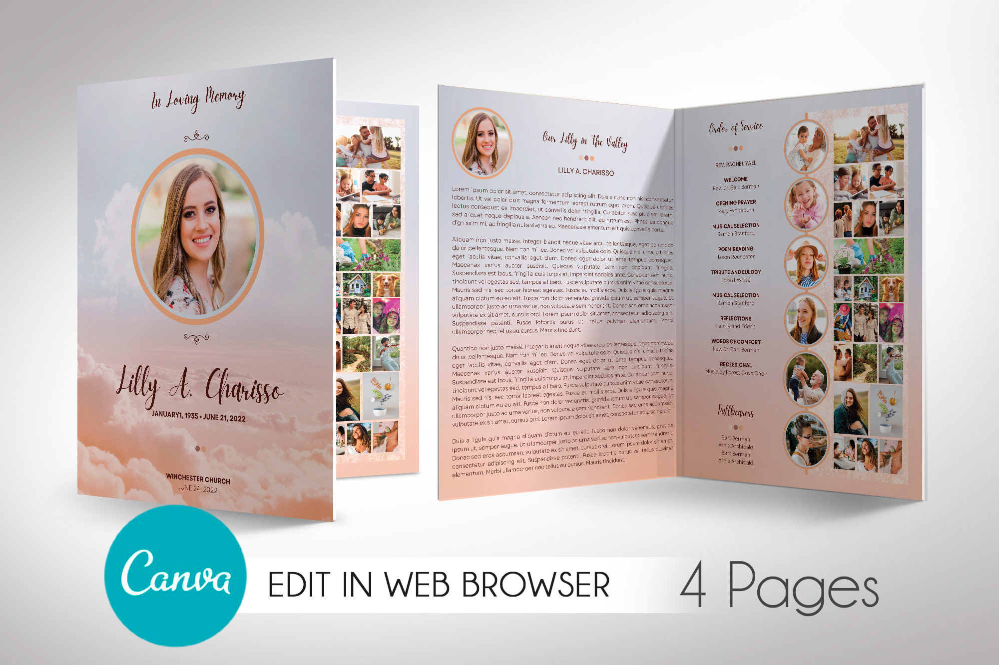 Heaven Tabloid Funeral Program Canva Template, 4 Pages