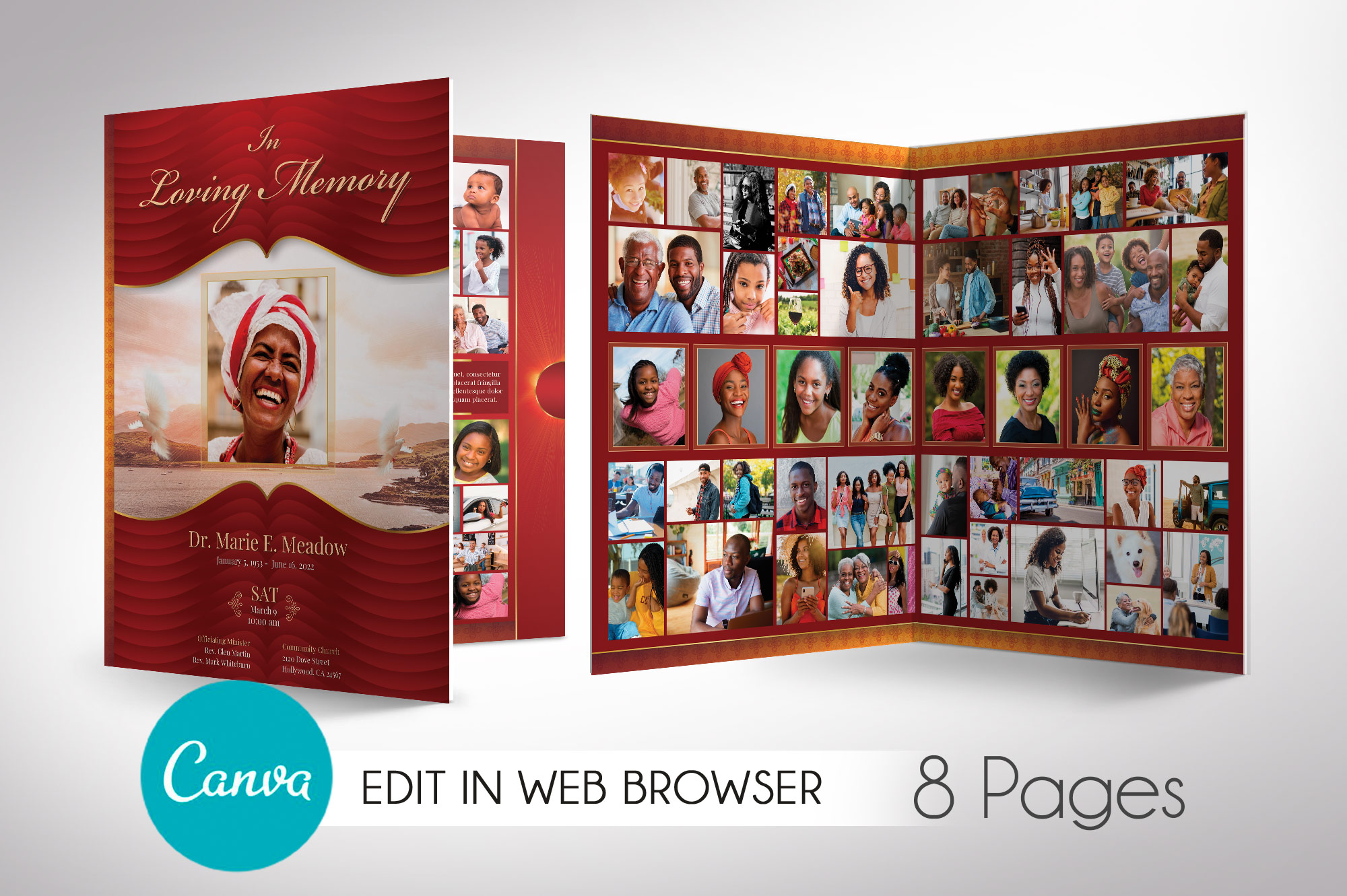 Loving Tabloid Funeral Program Canva Template V1, 8 Pages