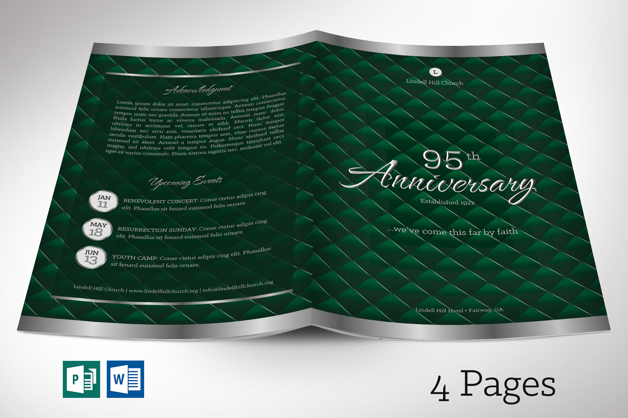 Silver Green Church Anniversary Program Word Publisher Template - 4 pages