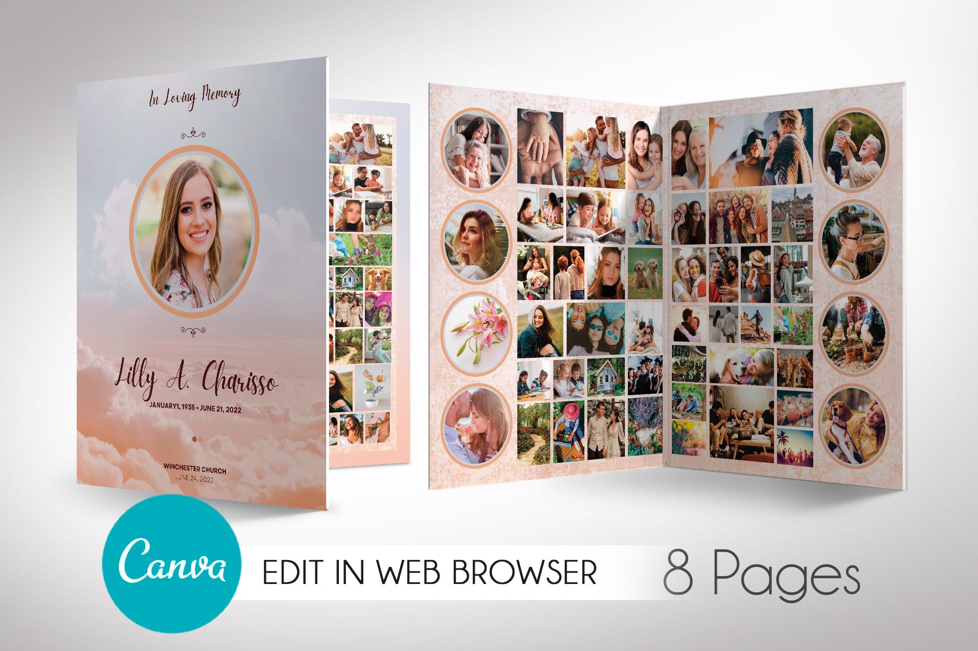 Heaven Tabloid Funeral Program Canva Template, 8 Pages