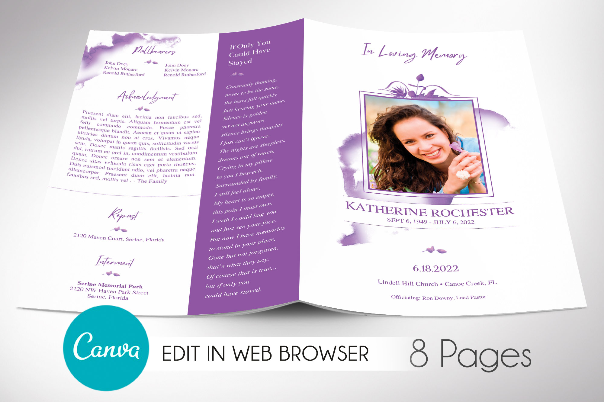 Purple Blossom Funeral Program Canva Template, 8 Pages