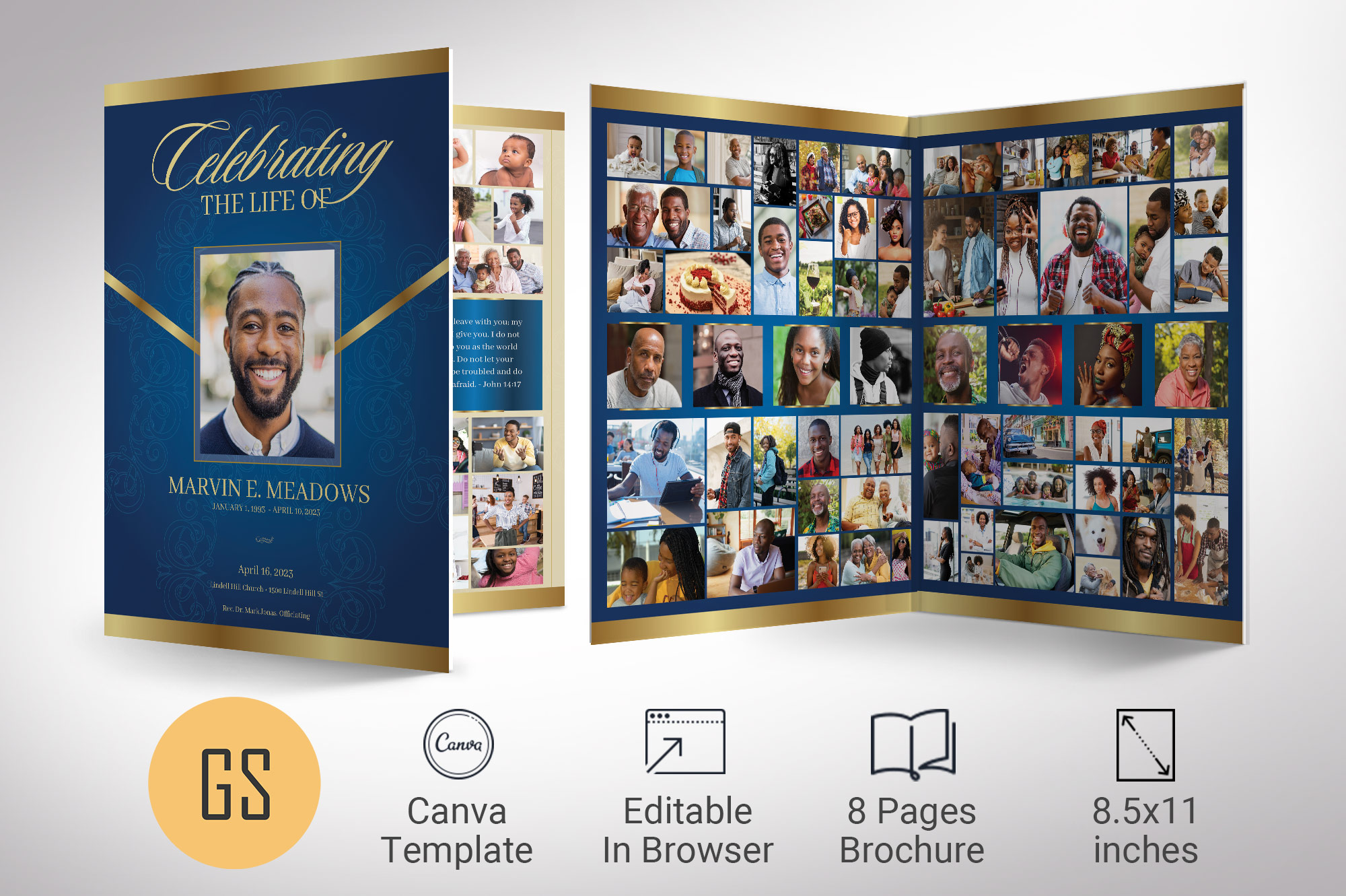 Victory Funeral Program Canva Template - Blue Gold