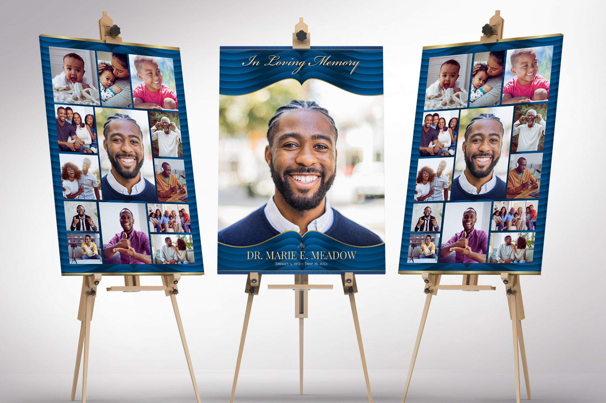 Loving Blue Funeral Photo Collage Poster Template Set for Canva