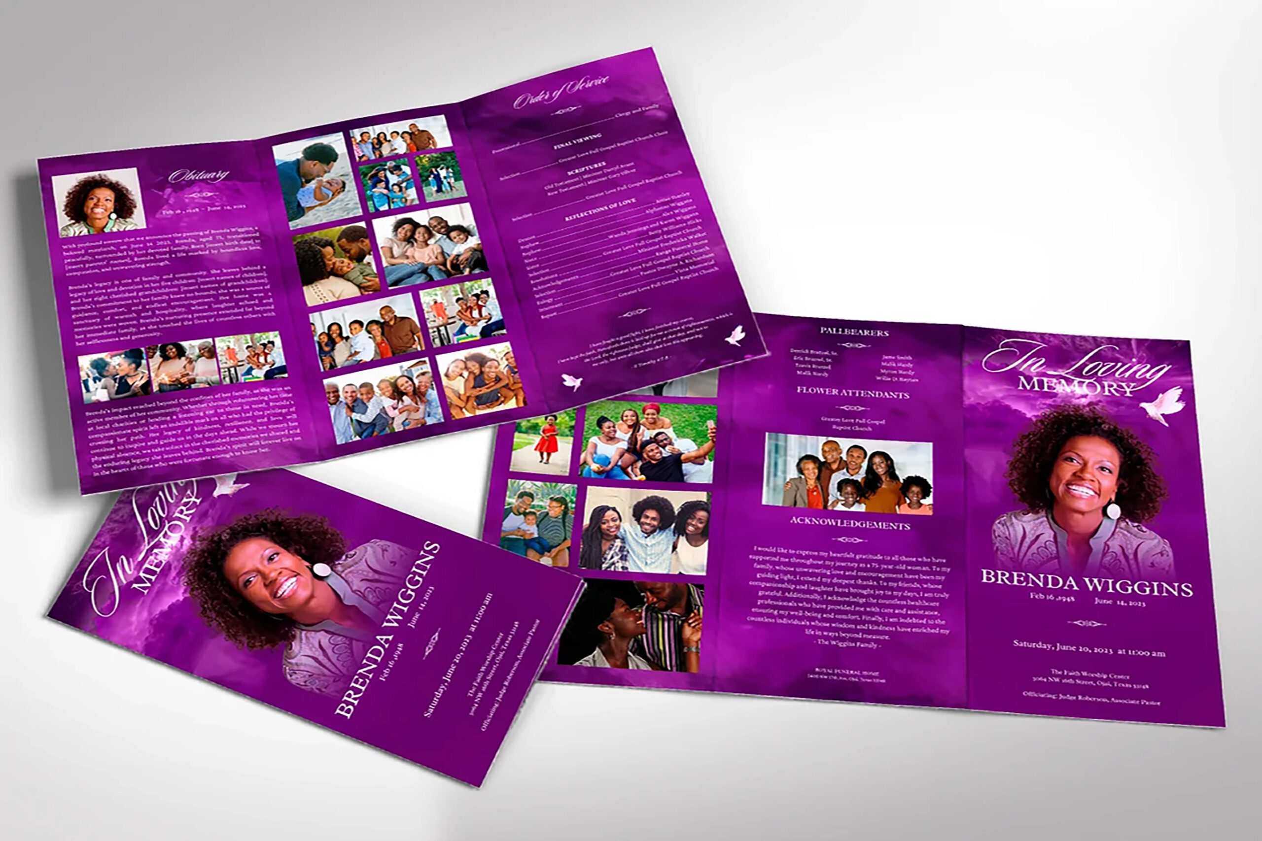 Purple Memories Tabloid Trifold Funeral Program Template for Canva, a heartfelt tribute to their journey. This Canva template, sized at 17x11 inches (Trifold to 5.75x11 inches)